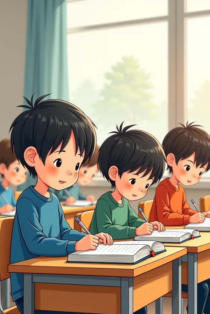 cartoon ren sitting at desks with books and writing, a storybook illustration by Kim Jeong-hui, pixabay, figuration libre, ren\'s book drawing, classroom background, in a classroom, ren illustration, textbook illustration in clolour, 278122496, classroom d...