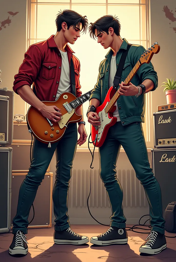 Two guys in a music band, both tall and very attractive, in highschool, more in drawing style. Dont make them so slim! 