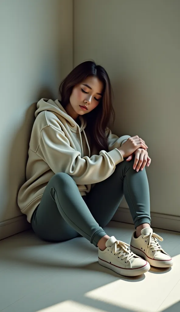 Woman sleeping on the floor wearing a hoodie and leggings and sneakers