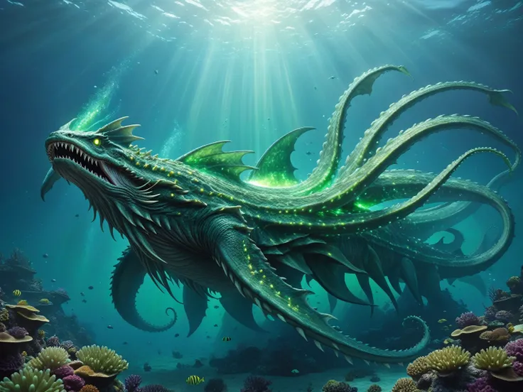 masterpiece, highres, perfect quality, focus on huge leviathan sea monster, 4 large fins, flipper tail, long kraken tentacles, mutated beast, glowing small green tiberium crystals growing over its body, deep pacific ocean, underwater