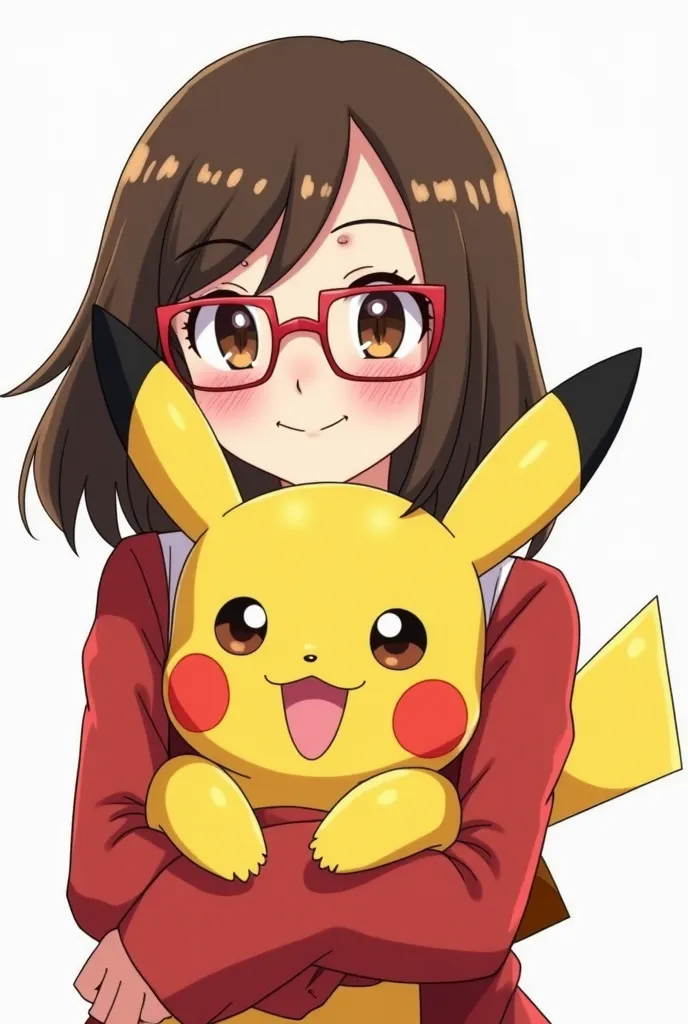 Draw in Pokémon style a white-skinned woman with dark brown hair and red glasses and brown eyes. She is hugging a Pikachu and she is wearing red clothes. Pikachu and a are smiling and happy,  conveying a sense of joy . The cartoon style must be animated.  