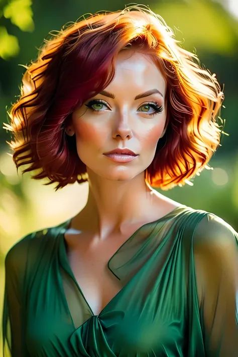 Close Up, beautiful short red hair women, green dress