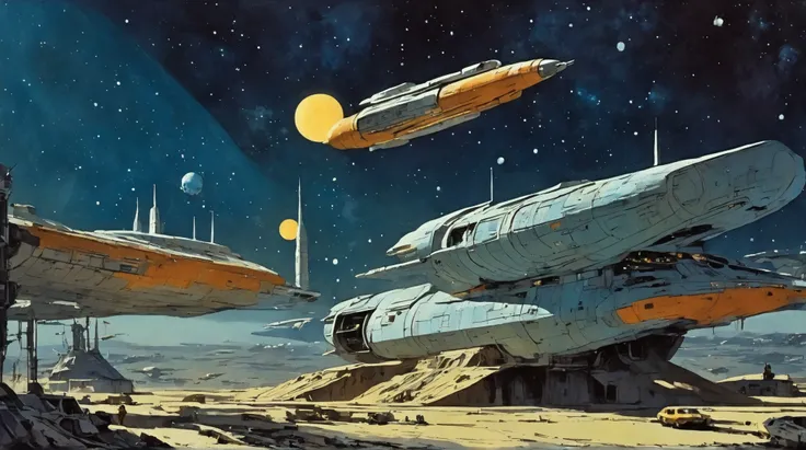 Moebius (Jean Giraud) Style - A picture by Jean Giraud Moebius, Spaceship taking off towards deep sky, Impressive retro-future Spaceship, galaxy, Distant nebulas in the background. In Moebius' signature style with sharp detailing and vibrant colors. Shot w...