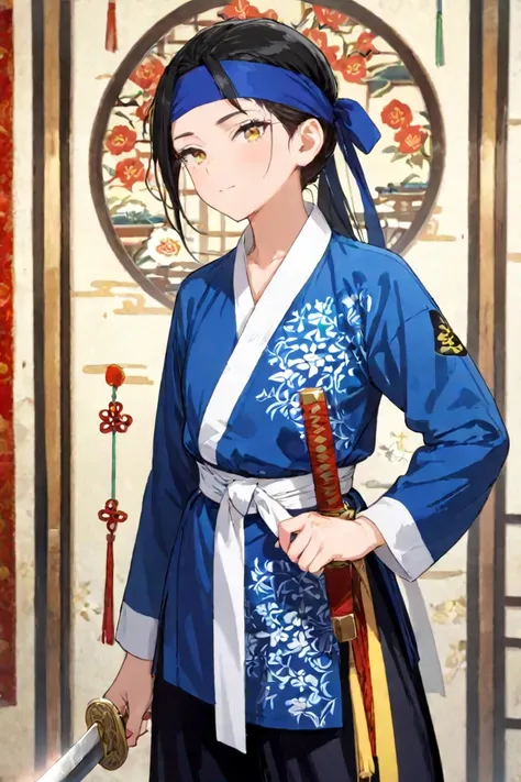  best detail ,걸작,High definition, Adult female, flat chest , Korean ancient background ,Crossdressing woman,long blue sleeve, Korean martial arts uniform, Longsword , black hair,waist,blue headband,yellow eyes,Gallery pattern