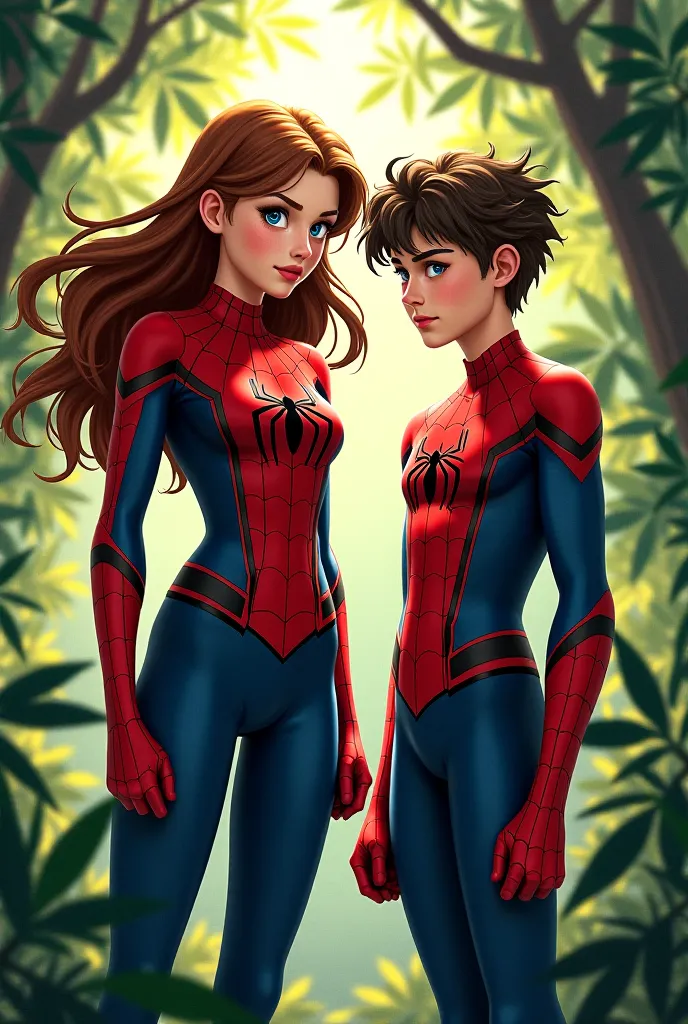 A girl with brown hair and light blue eyes, with a boy with brown hair and green eyes, both 17-year-old boys, 
in a forest, Make it look like a Spider-Man comic 