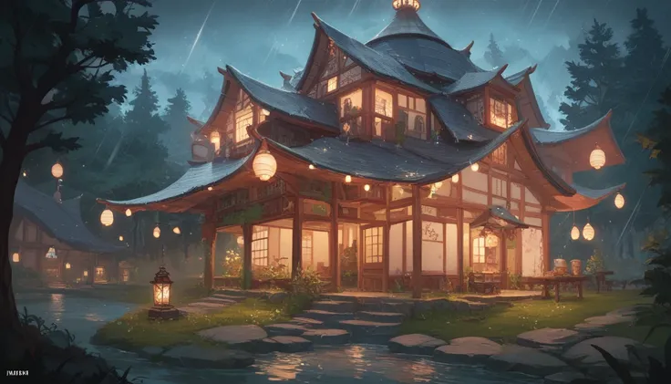 A forest with half-destroyed houses raining
With a lot of water on the floor at night with lights from a bulb turned on while it's raining with lots of green nature. high resolution,  masterpiece ,  Anatomically Correct, necessary,  The best quality, Detai...