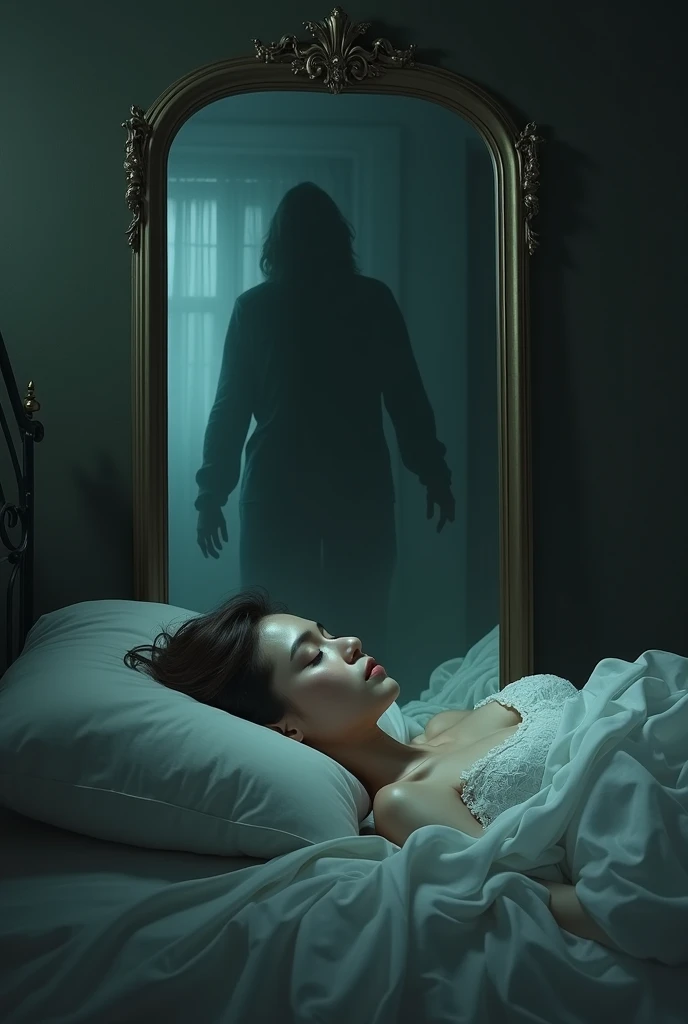 "Intriguing scene of a person sleeping on a bed with a large mirror in the front. In the reflection, instead of the person sleeping, there is a strange silhouette watching the bed.  The lighting is soft and mysterious , with a faint glow coming from the mi...