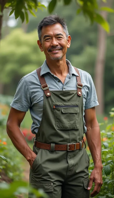 Native american Indian Man, 35, Wearing gardening gear,  half Body Shot, and a trendy sailor shirt, looks clean and approachable and his name is jim 