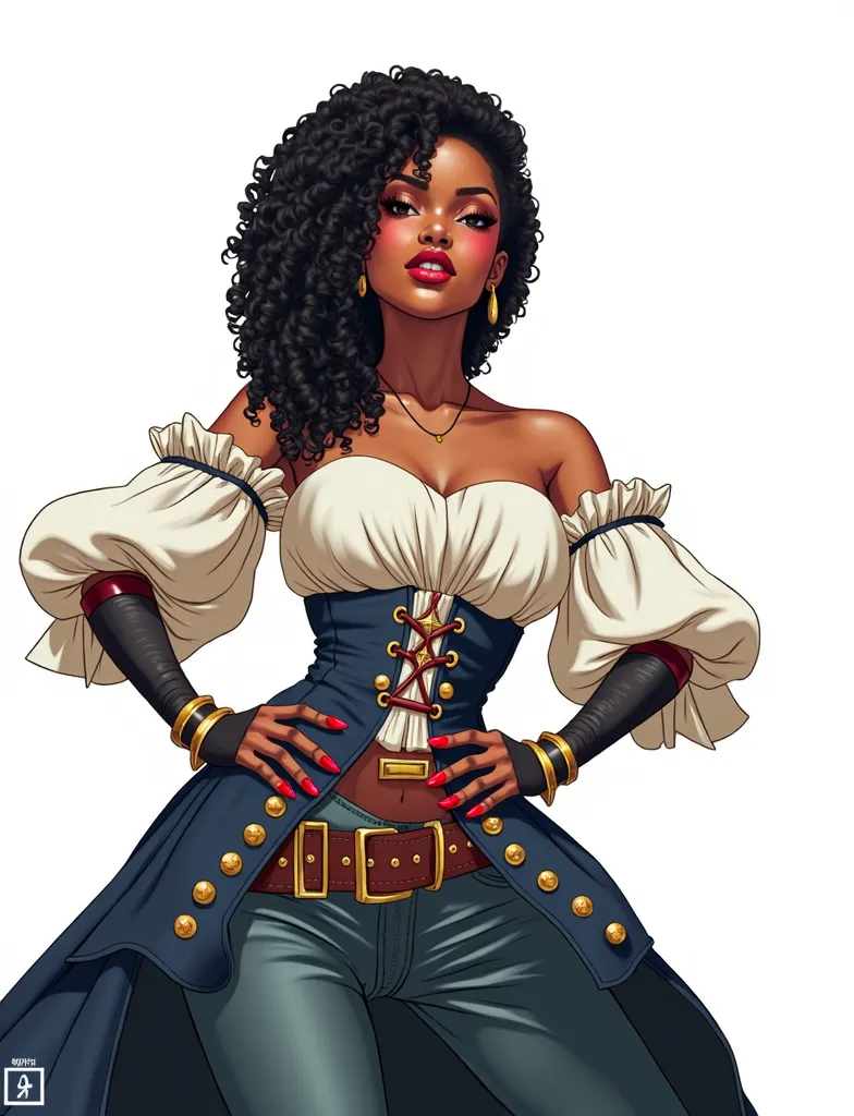  a black girl, smirking, with curls, anime one piece style illustration. in pirate inspired costume.