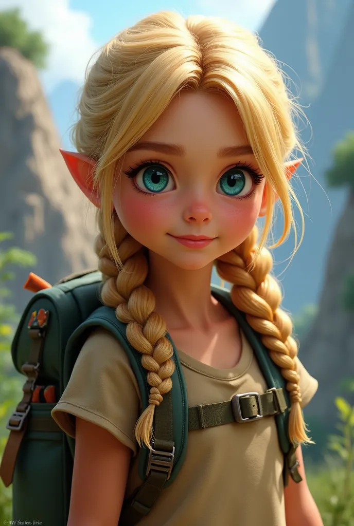 An image of an adventurous girl with a braid,  blonde hair and blue eyes 