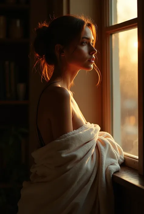 Sensual girl in a light blanket, looks out the window, evening lighting, dark interior 