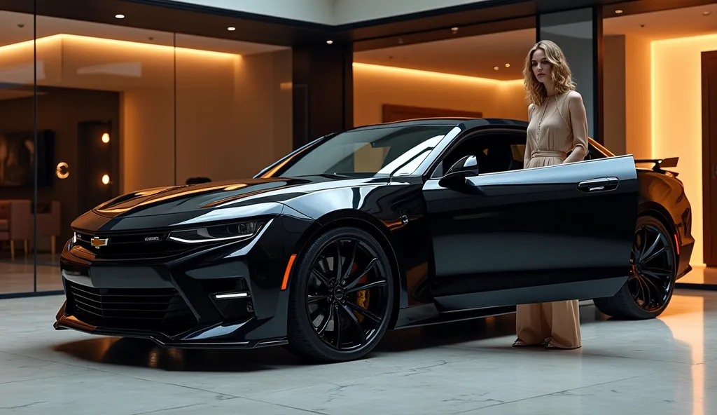 side body view of 2025 Chevrolet Monte Carlo SS in black colour with openely door and standing at luxury showroom and logo side the car modern style women stand at near door