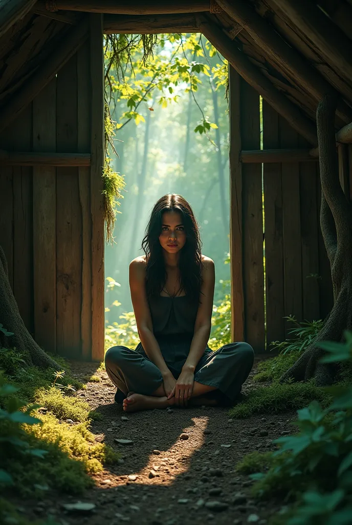 Do the same woman inside an abandoned wooden hut in the middle of a dense forest