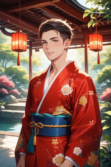 Handsome guy in a red kimono。illustrations