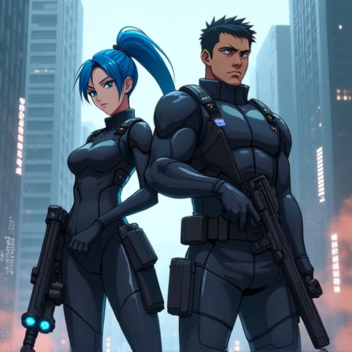 Female and male anime soldiers stand together holding guns.