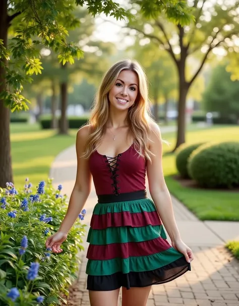 A candid yet refined photograph of a beautiful woman with warm light-brown hair featuring subtle golden highlights. Her long, straight hair is slightly wavy at the ends, falling freely over her shoulders. She has soft facial features, including expressive ...