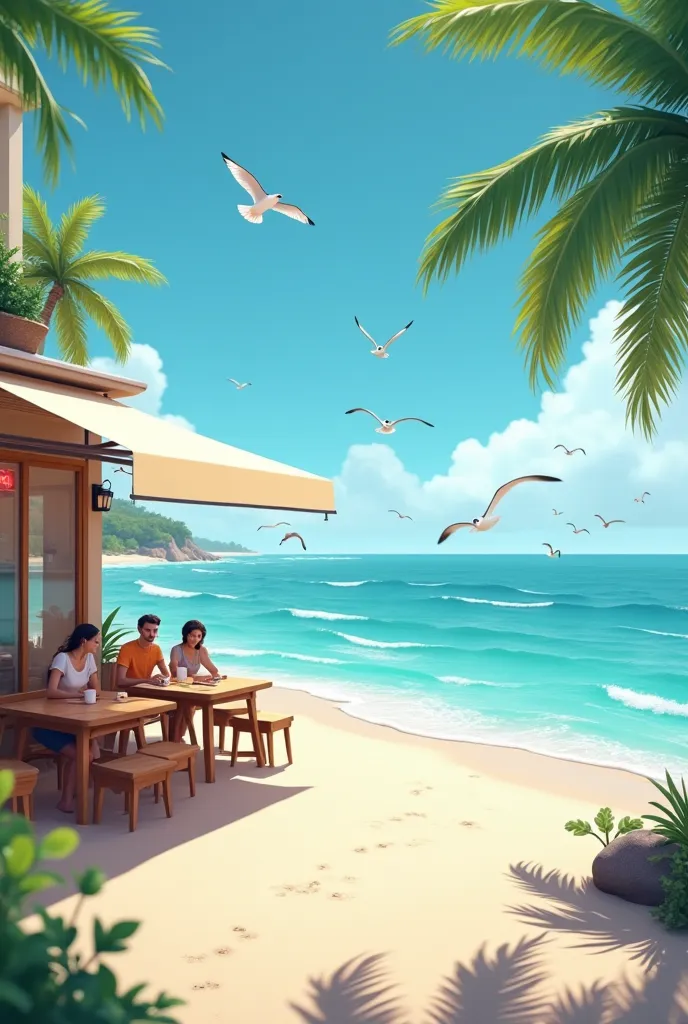 Coffee on the beach with seagulls. Seamless looping time-lapse 4k video animation background