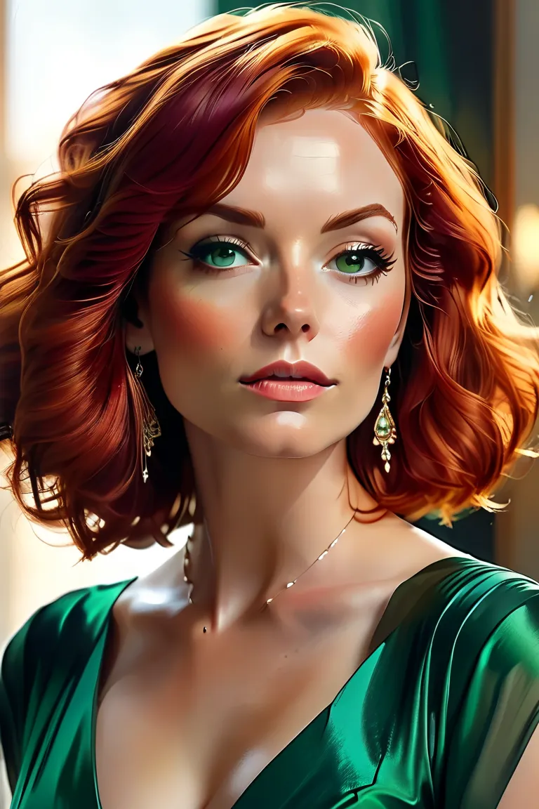 Close Up, beautiful short red hair women, green dress, great Dekolleté