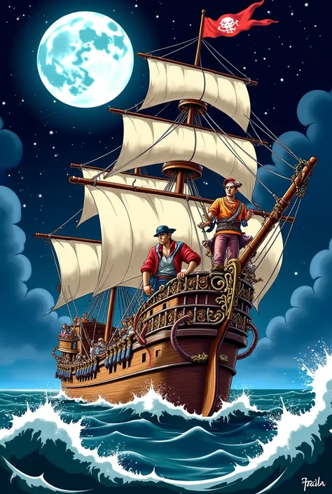 Pirate ship at sea at night, Manga style.