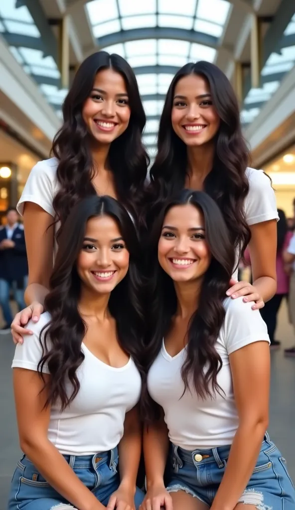 4 beautiful smiling Javanese women with thick long hair with big boobs busty facing the camera 2 under sitting 2 on top standing, wear a tight white T-shirt with holes on the chest and short jeans, background of a crowded mall