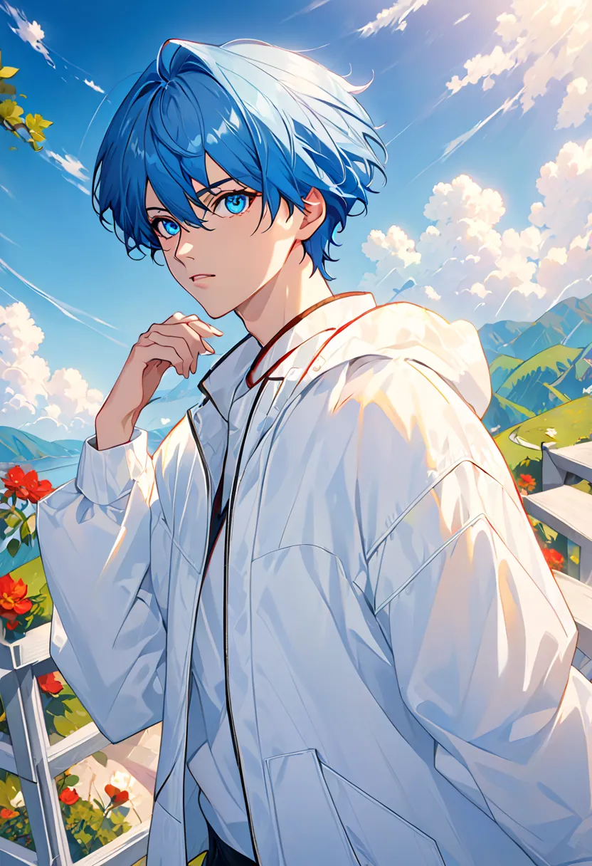  close-up of a blue-haired person wearing a white jacket, 4D Anime Style,  tall anime face blue eyes , !! full body portrait!!, Anime Boy, Moe art style anime, single full body character, full body!!, anime full body illustration, anime style character, fu...