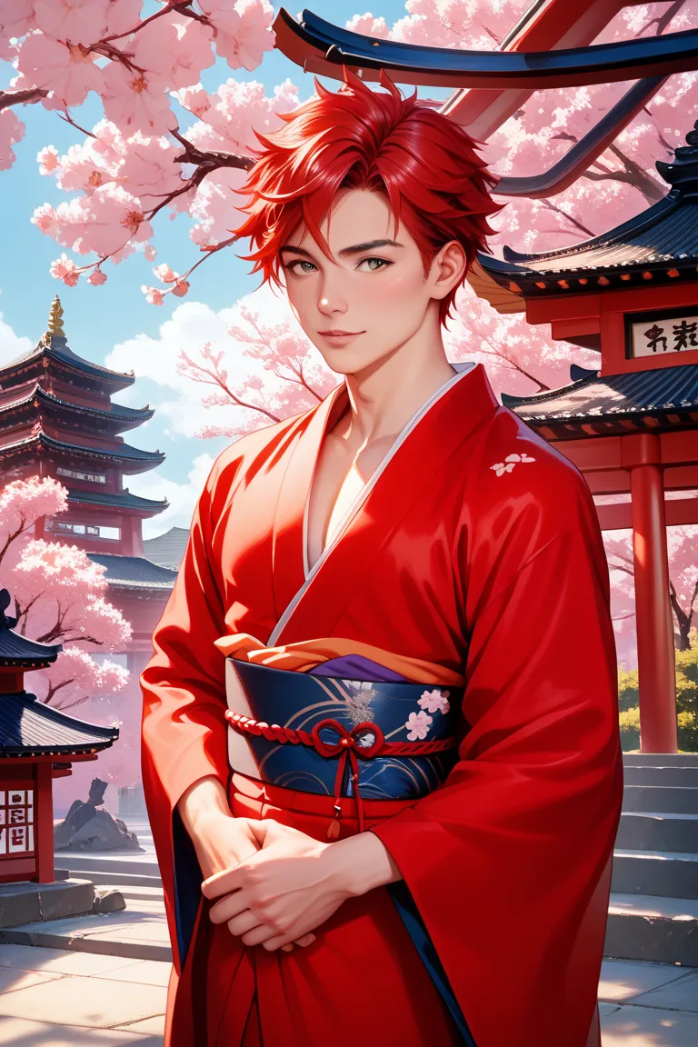 Handsome guy in red kimono。red hair。Japan