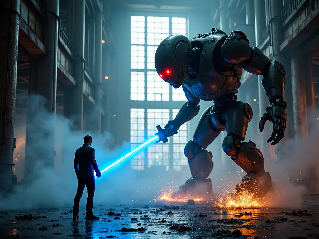 An old factory with large rusty machines and flickering lights. The secret agent stands with a blue plasma sword, ready to face the main enemy—a cyborg with a large body and glowing red eyes. Sparks fly as they fight at incredible speeds. Thin smoke fills ...