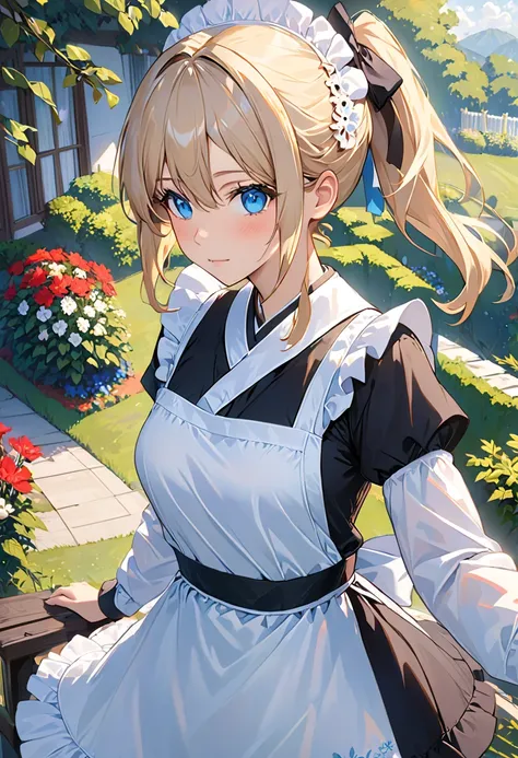 Masterpiece, best quality, Hi-Res, 1 girl, hayasaka ai , Alone, blond hair, Maid, Blue Eyes, side ponytail, hair crunch, hair ornaments close to the garden, Blue Scrunch, Maid headdress, apron, hair between eyes, chest,  Long Sleeve, bangs, white shirt, bl...