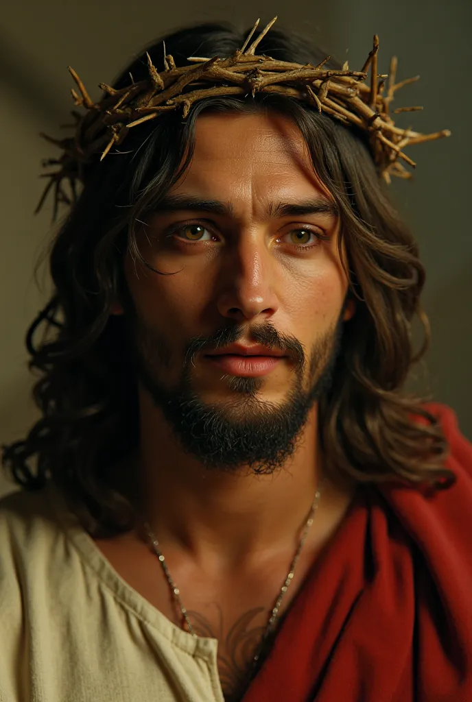 front image, Close-up image of Jesus Christ looking at the camera, with his crown of thorns ,  wearing a tunic , and him looking at the camera. And a red robe on your right shoulder