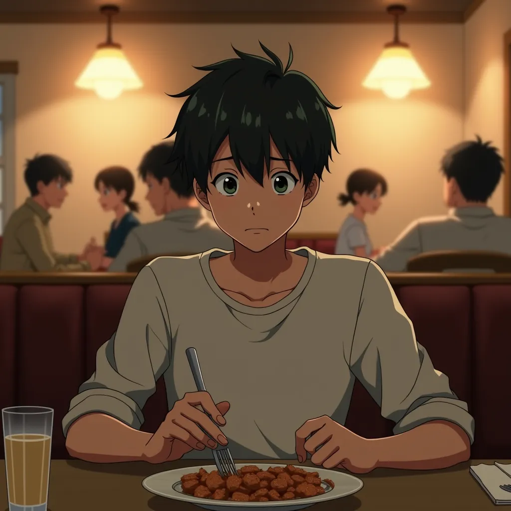 anime style The same young man is now eating his meal calmly, his expression neutral yet subtly thoughtful. His posture is relaxed, as if he's made peace with the situation. The chair across from him remains empty, symbolizing absence, but the warm restaur...