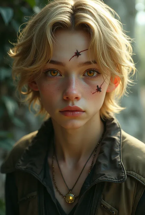 A fantasy character, young man with soft features, slightly messy ,shoulder length, honey blonde hair, amber eyes, pale skin, scar across left brow