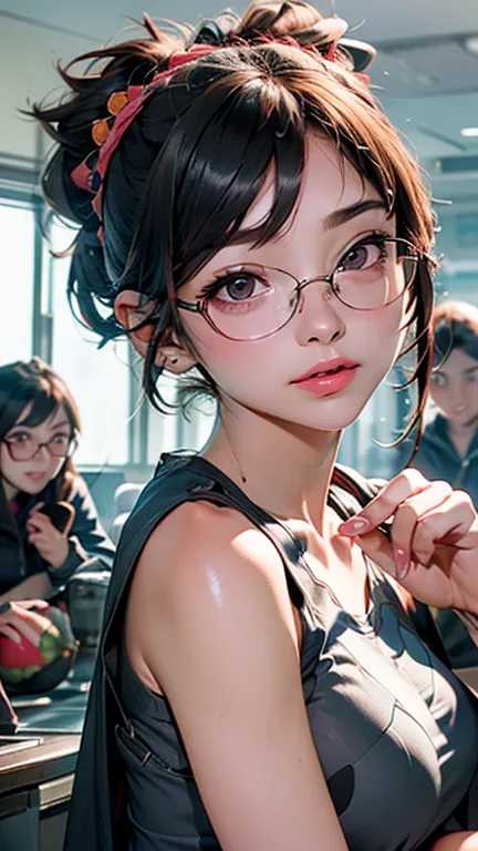 ((Best Quality)), ((傑Best Quality、masterpiece、High sensitivity、Hi-Res、detailed description、Delicate Face Depiction))Slender Woman、glasses、thin eyebrows、Bowling tournament with watermelons、