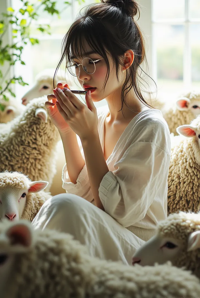 ((Best Quality)), ((傑Best Quality、masterpiece、High sensitivity、Hi-Res、detailed description、Delicate Face Depiction))Slender Woman、glasses、harmonica、Play the Sheep Gathering at Your Feet、