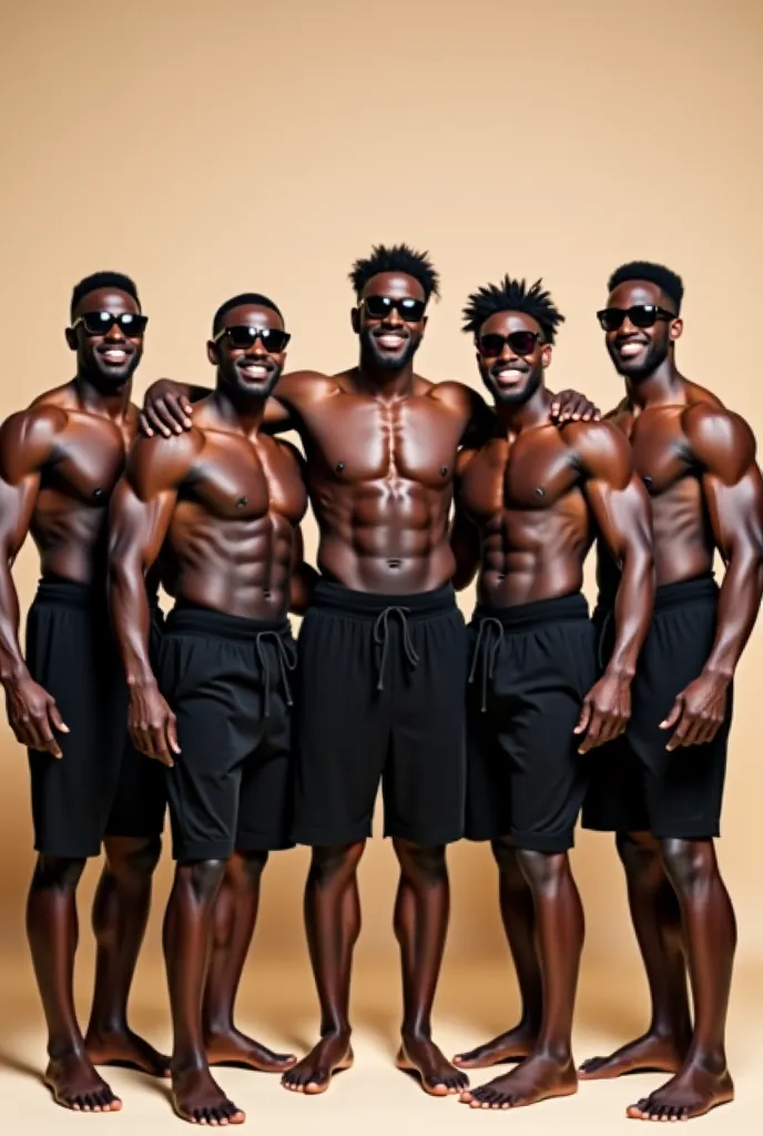  A group of five middle-aged black men . Everyone has different faces and hairstyles.  All men are depicted with open skin ,  men with very large muscles . Each of them is wearing black bath towels. Men smile and wear sunglasses in various shades.  men are...