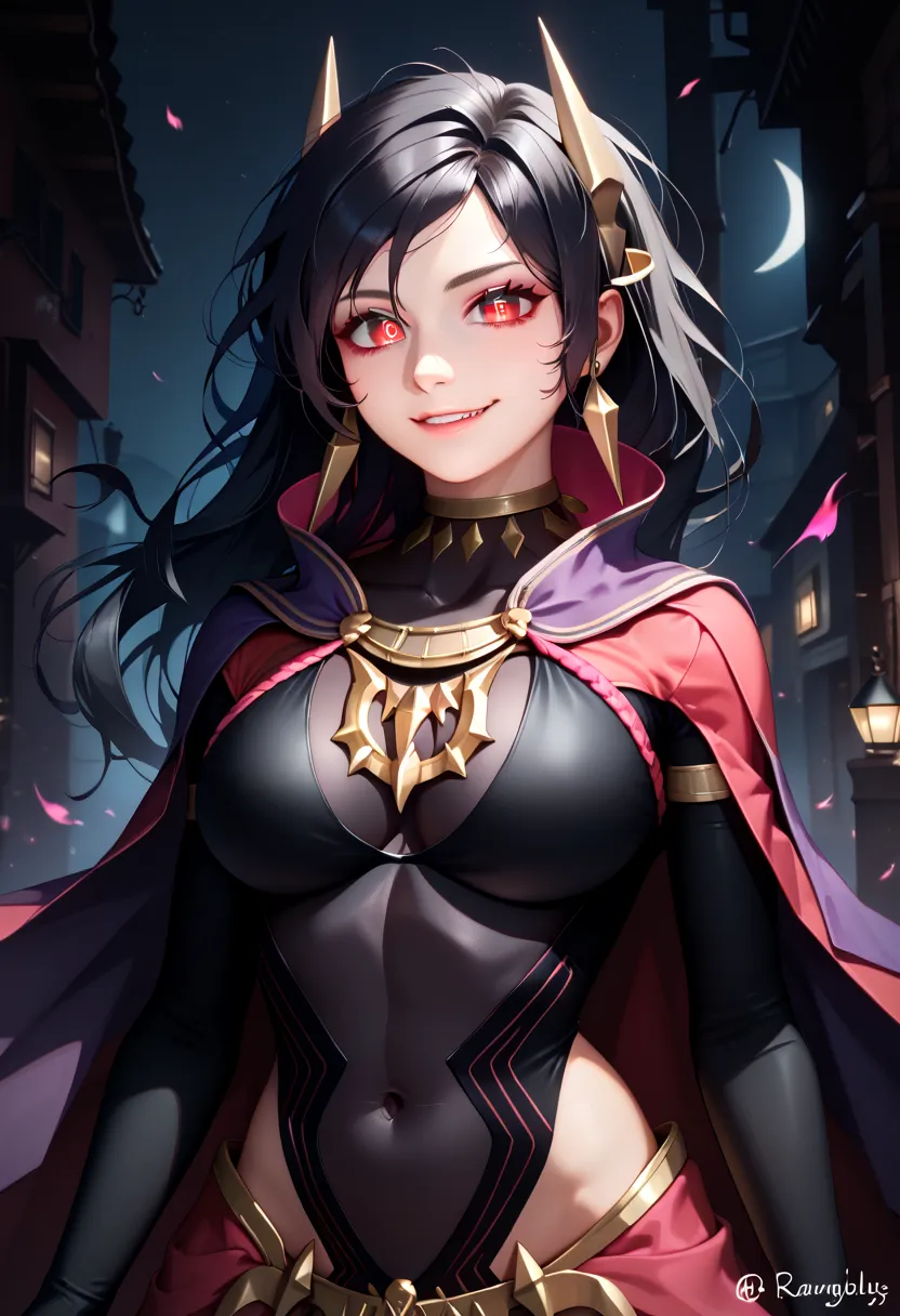 1girls:1.2, RobinRearm, very long black messy hair, red eyes, official alternate costume, long black hair, red eyes, hair ornament, black bodysuit, large breasts, bridal gautlets, cape, covered navel, evil smug, vicious, sexy, night sky, post-apocalypse, c...