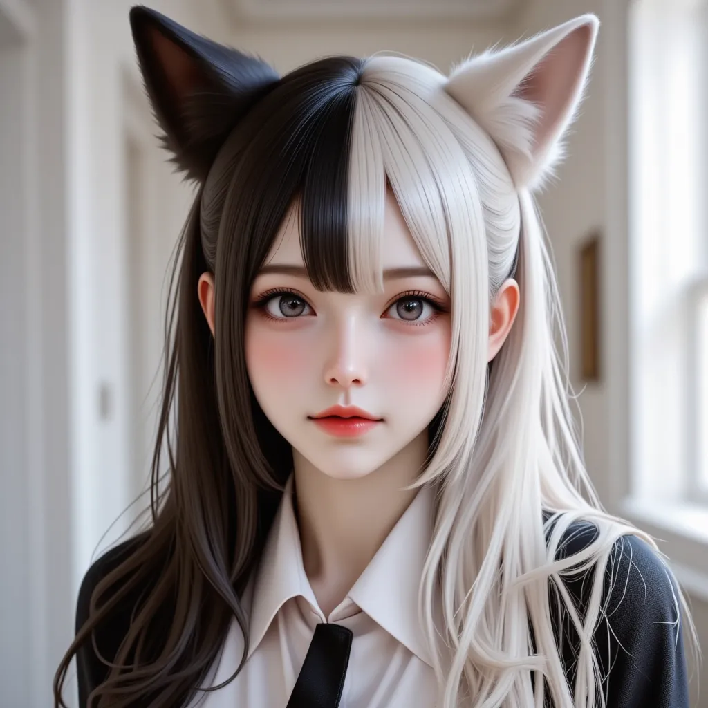 A beautiful girl with long black hair on the left side and white on the right side, wearing a suit, wolf ears and a fox tail. The background is a hall. Octane rendering, sexy and cool, super big breasts