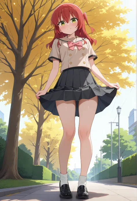 high resolution picture, masterpiece, best quality, amazing quality, solo, 1girl,  Kita Ikuyo from Bocchi the Rock 1girl, ikuyo kita, green eyes, hair between eyes, long hair, one side up, red hair,
black footwear, black skirt, grey sailor collar, pleated ...