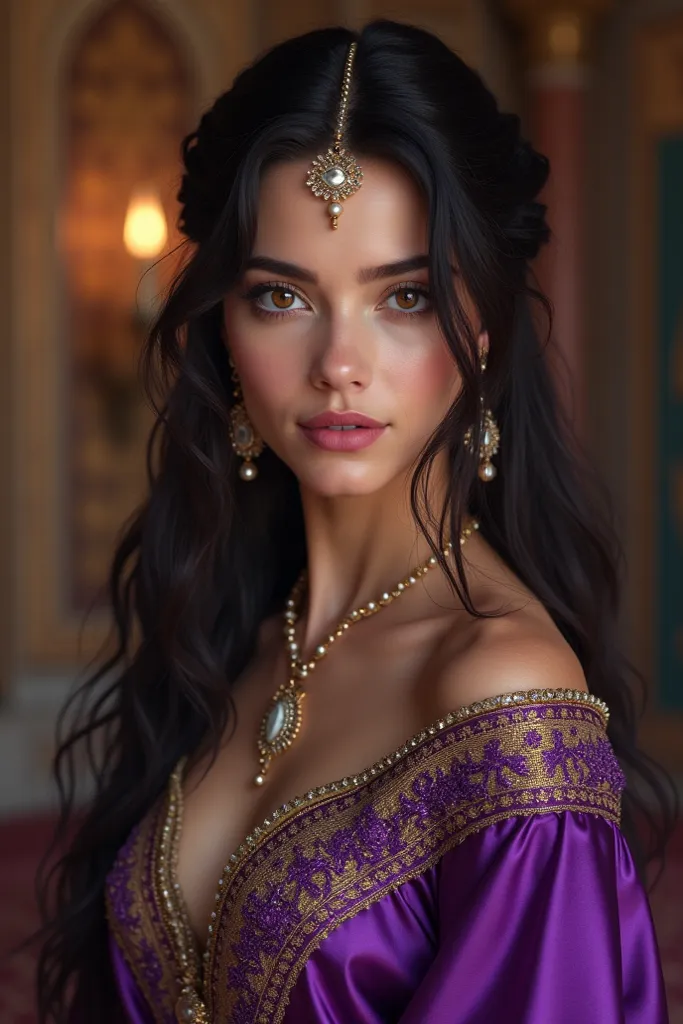 Make a Persian Middle Ages style prostitute make her in purple clothes with jewels make her beautiful and beautiful