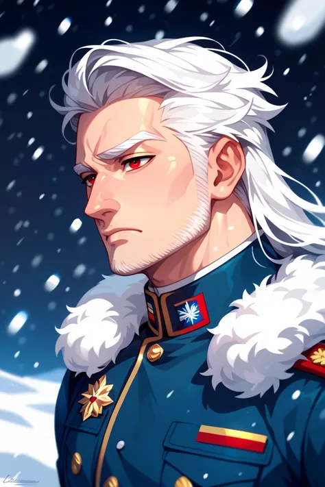 Single, long hair, High Resolution, Best Quality, white hair, Character map, red eye,  Character Design, Sad for men,Handsome  ,High Cold,winter,military uniform,calm