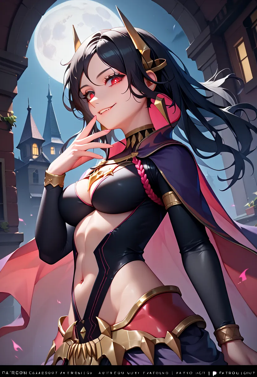 1girls:1.2, RobinRearm, very long black messy hair, red eyes, official alternate costume, long black hair, red eyes, hair ornament, black bodysuit, large breasts, bridal gautlets, cape, covered navel, evil smug, vicious, sexy, night sky, post-apocalypse, c...