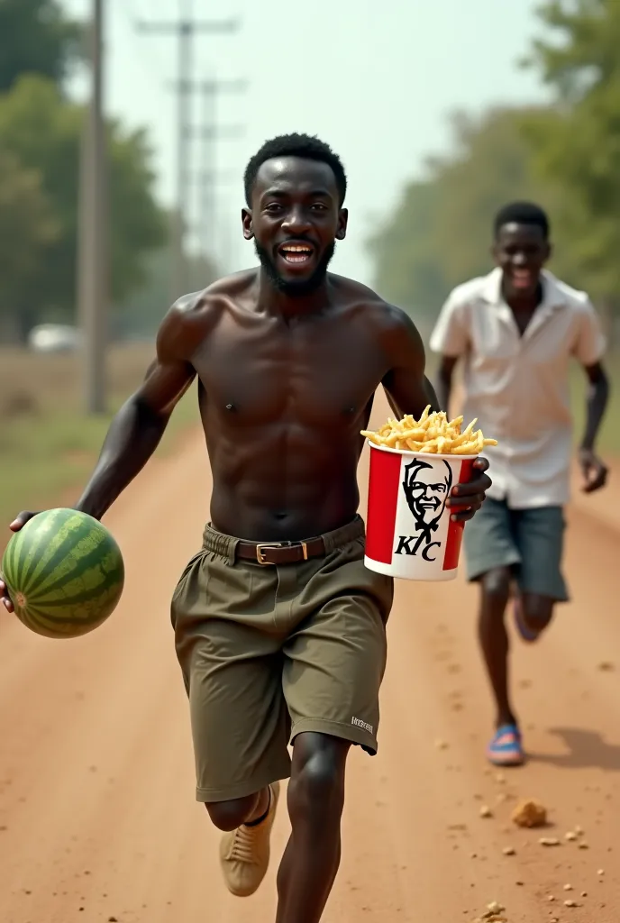 A black person is eating a bucket of kfc in his right hand and a watermelon in his left hand is running with them while behind him there is a white person chasing him, the white person is angry but the black person is scared and the two are running the whi...