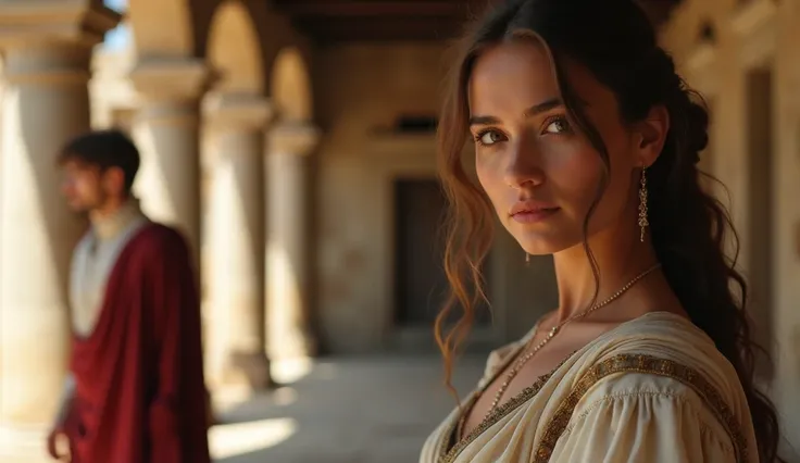 a beautiful woman looking at the camera, the foreground a man is seen in a corner, out of focus, dressed in renaissance clothes, in a village of ancient greece, pillars are seen in the background, professional lighting, hyper realistic.