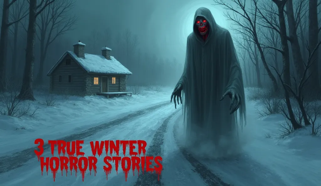 A frozen nightmare unfolds under a pale full moon. Thick, ghostly fog rolls over a desolate, snow-covered road, leading to an abandoned cabin with flickering lights and a door slightly ajar. Footprints in the untouched snow stop abruptly, as if something—o...