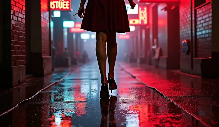 A lonely woman walks slowly under the neon light on a rain-drenched avenue. Her heel is broken, and her trembling hands hold a burning cigarette. Colourful reflections dance in the pool of water,  creating a cinematic effect . The environment mixes the 40s...