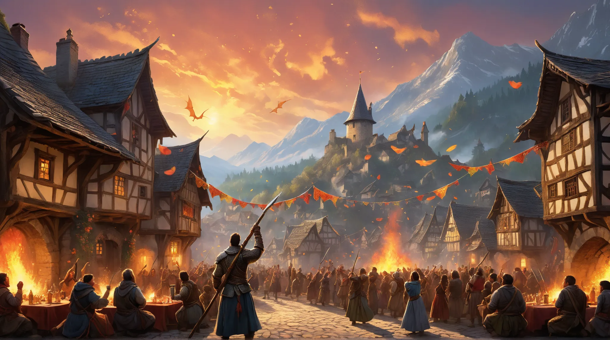 Create a detailed fantasy illustration of a heroic warrior standing triumphantly in the center of a jubilant village. He holds a long spear aloft, and at its tip is the severed eyeball of a slain dragon, glowing faintly with lingering magic. The warrior is...