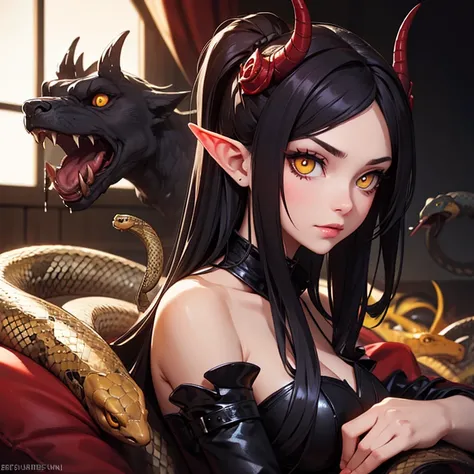 Evil demoness with a head of snake, snakes in her hair, yellow eyes
