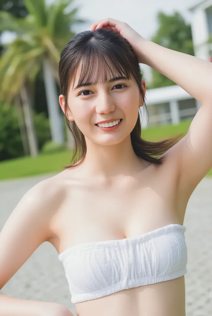 high quality images of cute women、1 girl, very stylish woman、 beautiful white skin from the side of the head、 beautiful breasts、 white bikini、ultra micro bikini、 Beautiful Underbust、Front view of the upper body、 beautiful eyes、 Beautiful Smile 、looking at ...