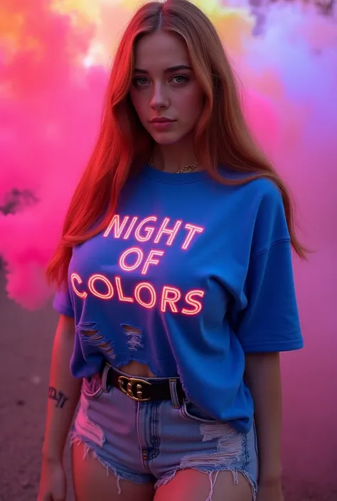 young woman, with super straight and long ginger hair, parted in the middle, green eyes, wearing a ripped blue shirt similar to an abadá, written in visible letters "night of colors" in Neon, short ripped jeans shorts, background with colored smoke, dynami...