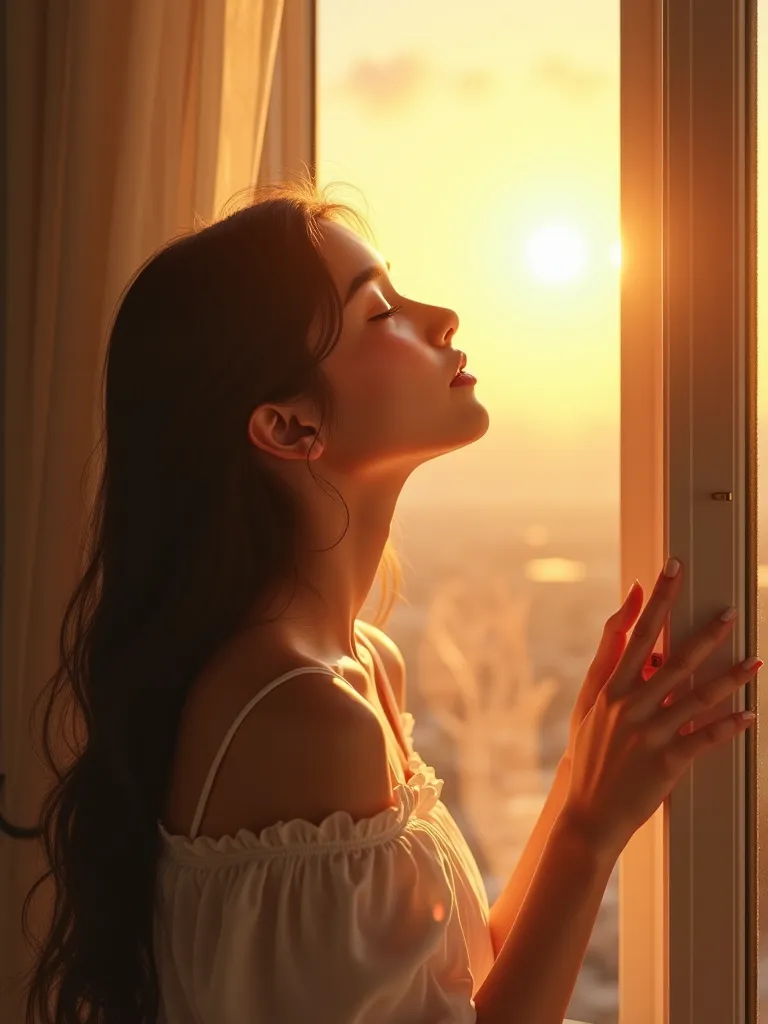 create a picture of a beautiful girl opening a window, raise your face to the warm sun