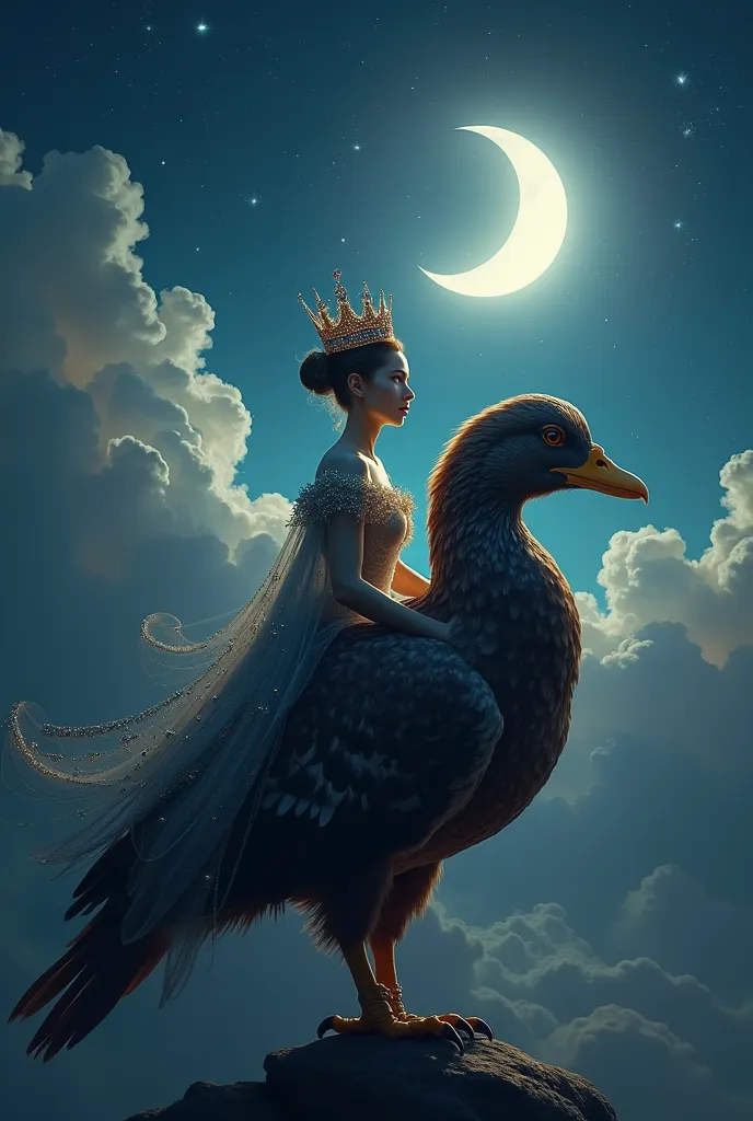 Duck queen, crown, riding hawk, night, moon, cloud, star